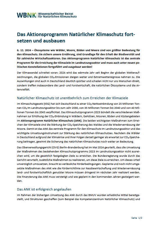 Das Aktionsprogramm Natürlicher Klimaschutz fortsetzen und ausbauen